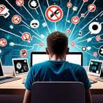 **

A stressed person surrounded by devices (phone, laptop, tablet) with urgent update notifications popping up. The background is a chaotic mess of digital threats like viruses and malware icons. The overall tone is anxious and emphasizes the feeling of being overwhelmed by cybersecurity.

**
