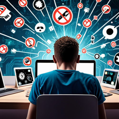 **

A stressed person surrounded by devices (phone, laptop, tablet) with urgent update notifications popping up. The background is a chaotic mess of digital threats like viruses and malware icons. The overall tone is anxious and emphasizes the feeling of being overwhelmed by cybersecurity.

**