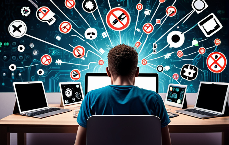 **

A stressed person surrounded by devices (phone, laptop, tablet) with urgent update notifications popping up. The background is a chaotic mess of digital threats like viruses and malware icons. The overall tone is anxious and emphasizes the feeling of being overwhelmed by cybersecurity.

**