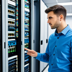 A focused male IT professional in a crisp, modest blue button-up shirt and dark trousers, standing confidently in a clean, brightly lit modern server room. He is observing a server rack with a calm, expert expression, surrounded by organized cables and blinking indicator lights. The scene conveys stability, efficiency, and advanced technological precision. safe for work, appropriate content, fully clothed, professional dress, perfect anatomy, correct proportions, natural pose, well-formed hands, proper finger count, natural body proportions, professional photography, high quality, realistic.