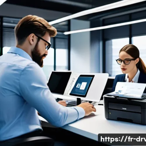 프린터 펌웨어 보안 업데이트의 중요성 - A modern office environment featuring a sleek network printer prominently placed on a desk, surround...