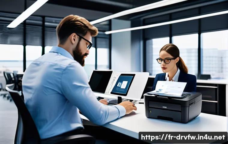 프린터 펌웨어 보안 업데이트의 중요성 - A modern office environment featuring a sleek network printer prominently placed on a desk, surround...