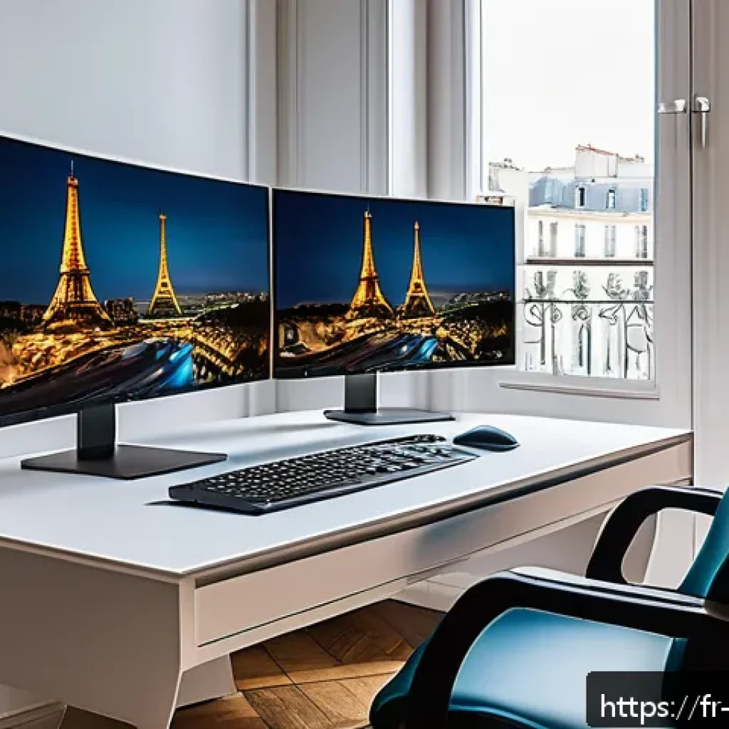 GPU 펌웨어 업데이트로 성능 개선 - A high-tech computer workstation in a modern Parisian apartment, featuring a sleek gaming PC with ad...