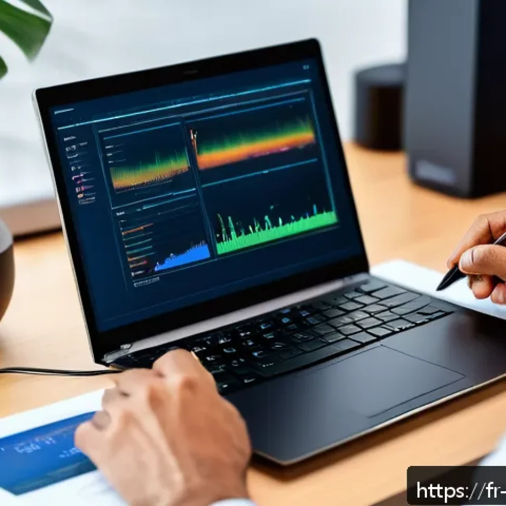 펌웨어 버전 확인 방법 - A modern home office scene focused on a person checking the firmware version on a sleek router via a...