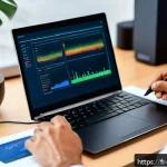 Home 19 펌웨어 버전 확인 방법 - A modern home office scene focused on a person checking the firmware version on a sleek router via a...