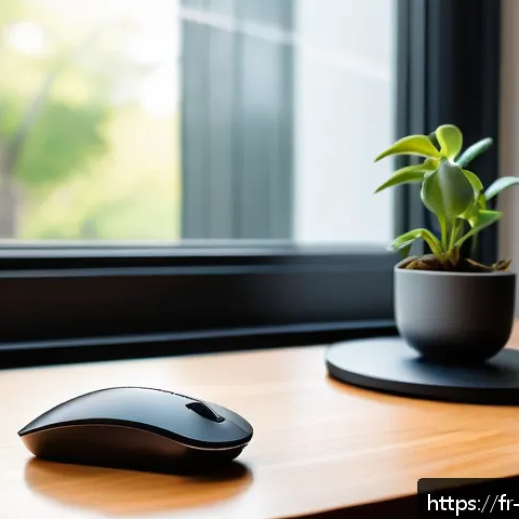 무선 마우스 드라이버 설치 팁 - A modern home office setup featuring a sleek wireless mouse placed next to a laptop on a wooden desk...