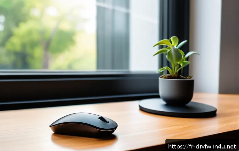 무선 마우스 드라이버 설치 팁 - A modern home office setup featuring a sleek wireless mouse placed next to a laptop on a wooden desk...