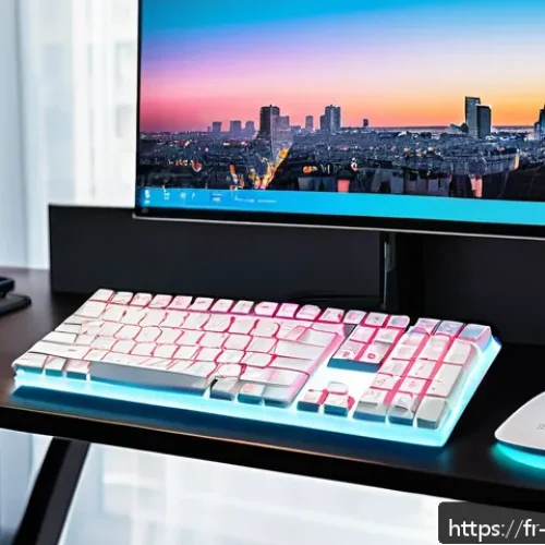 Home 17 키보드 펌웨어 업데이트 방법 - A modern, sleek mechanical keyboard connected to a desktop computer in a cozy French home office set...