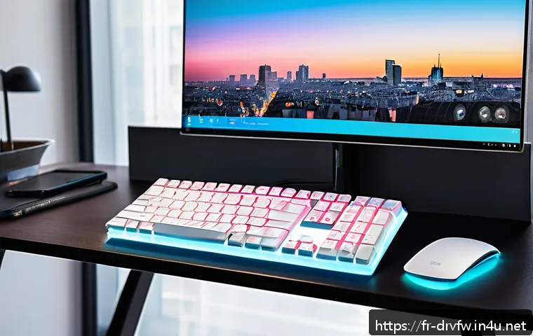 키보드 펌웨어 업데이트 방법 - A modern, sleek mechanical keyboard connected to a desktop computer in a cozy French home office set...