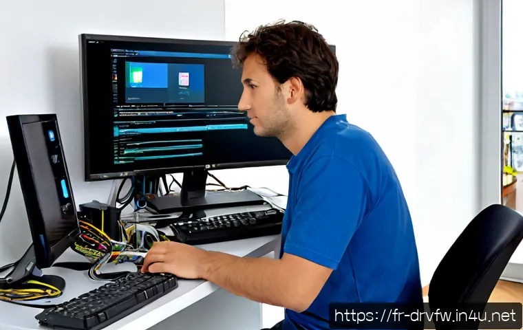 Home 17 그래픽카드 드라이버 재설치 가이드 - Photorealistic home computer repair scene in a bright French apartment, adult user wearing casual cl...